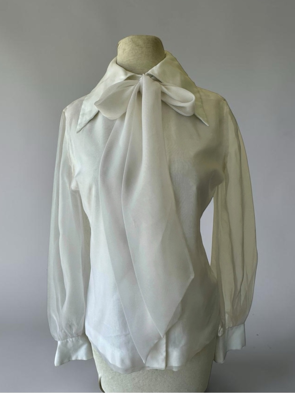 Vtg 60s Fashioned by Gregory White Sheer Sleeves Blouse Sz 10 Tie Neck Chiffon